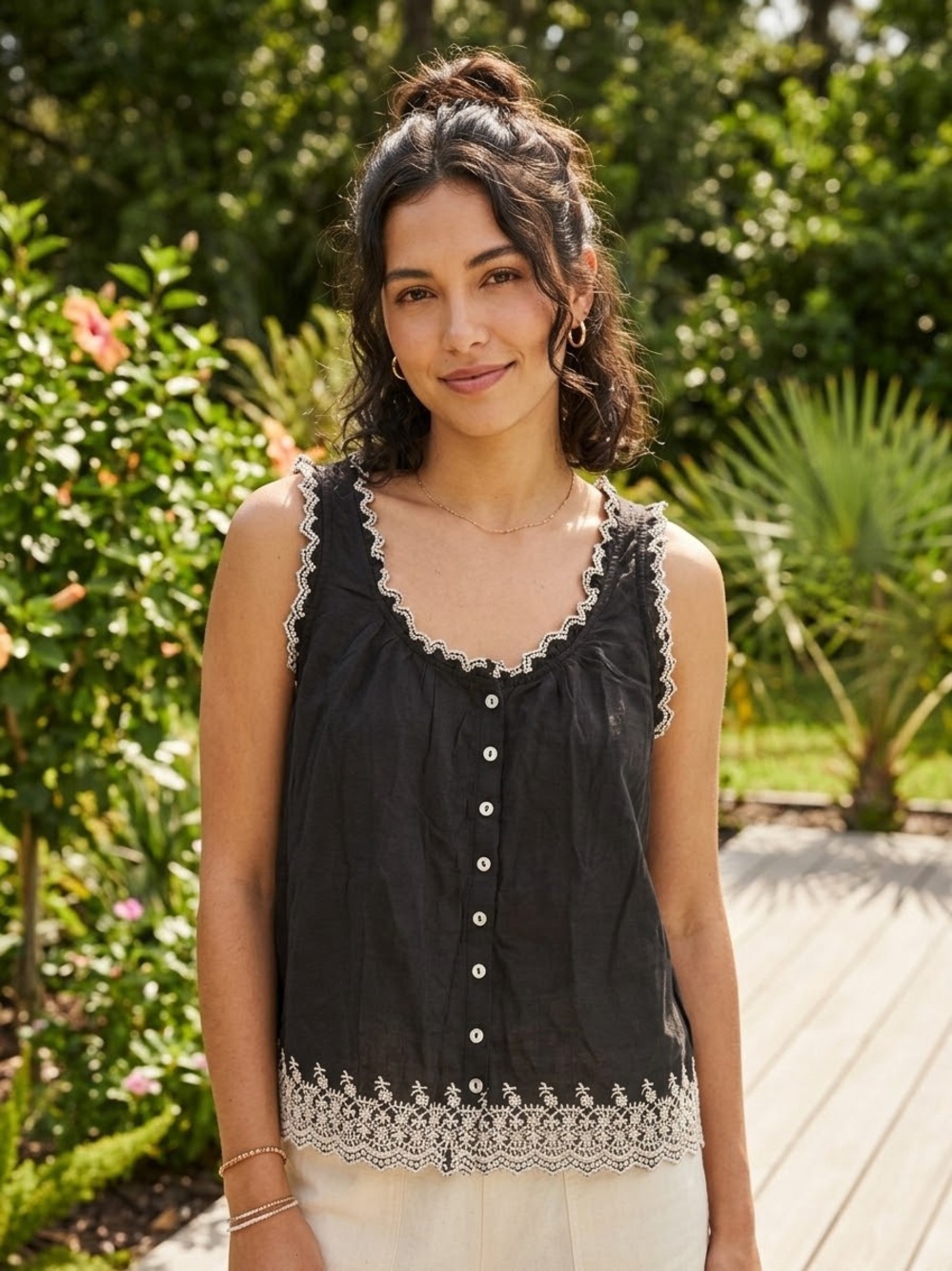 Lucky Brand Womens S Black Cotton Embroidered Eyelet Lace Tank Top Shirt NWT